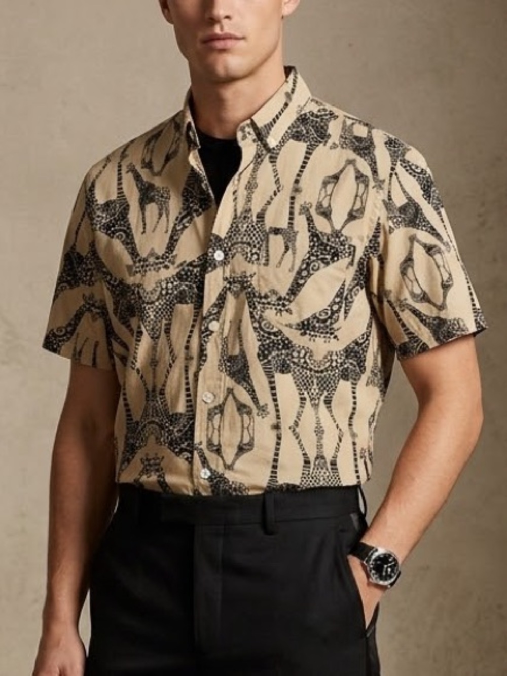 LRG Lifted Research‎ Group Mens Giraffe Print Short Sleeve Button Down Shirt M
